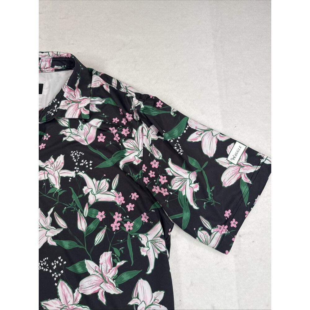 Waggle Golf Polo Shirt Large Black Floral White Lily Azalea Patron Performance - Picture 5 of 10